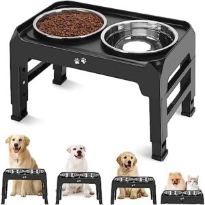 Elevated Dog Bowls, 4 Height Adjustable Raised Dog Bowl Stand with 2 Thick 50oz Stainless Steel Dog Food Bowls Non-Slip Dog Feeder for Large Medium Dogs Adjusts to 3.7", 9.2", 10.75", 12.36" Black